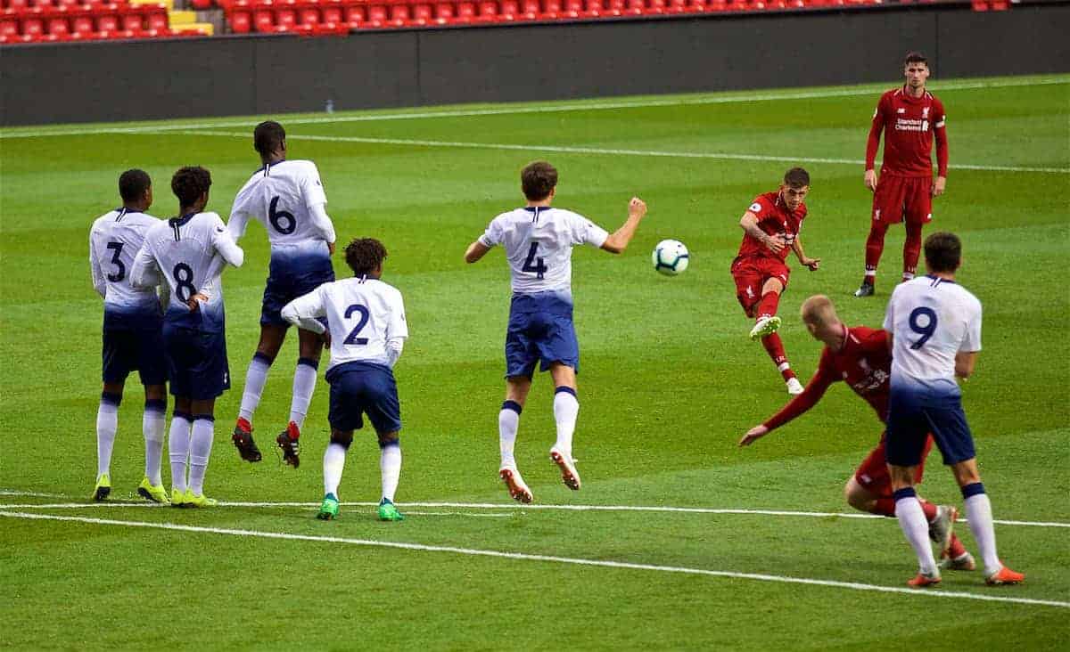 LIVERPOOL, ENGLAND - Friday, August 17, 2018: Liverpool's Adam Lewis takes a free-kick during the Under-23 FA Premier League 2 Division 1 match between Liverpool FC and Tottenham Hotspur FC at Anfield. (Pic by David Rawcliffe/Propaganda)