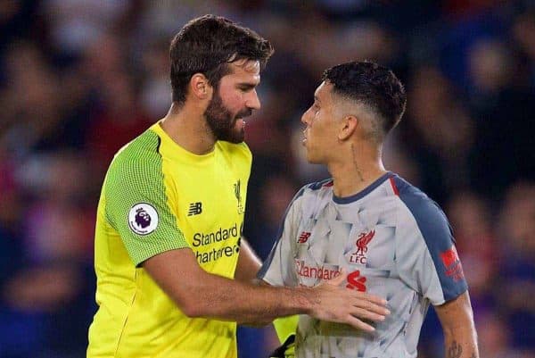 LONDON, ENGLAND - Monday, August 20, 2018: Liverpool's goalkeeper Alisson Becker and Roberto Firmino after the FA Premier League match between Crystal Palace and Liverpool FC at Selhurst Park. Liverpool won 2-0. (Pic by David Rawcliffe/Propaganda)