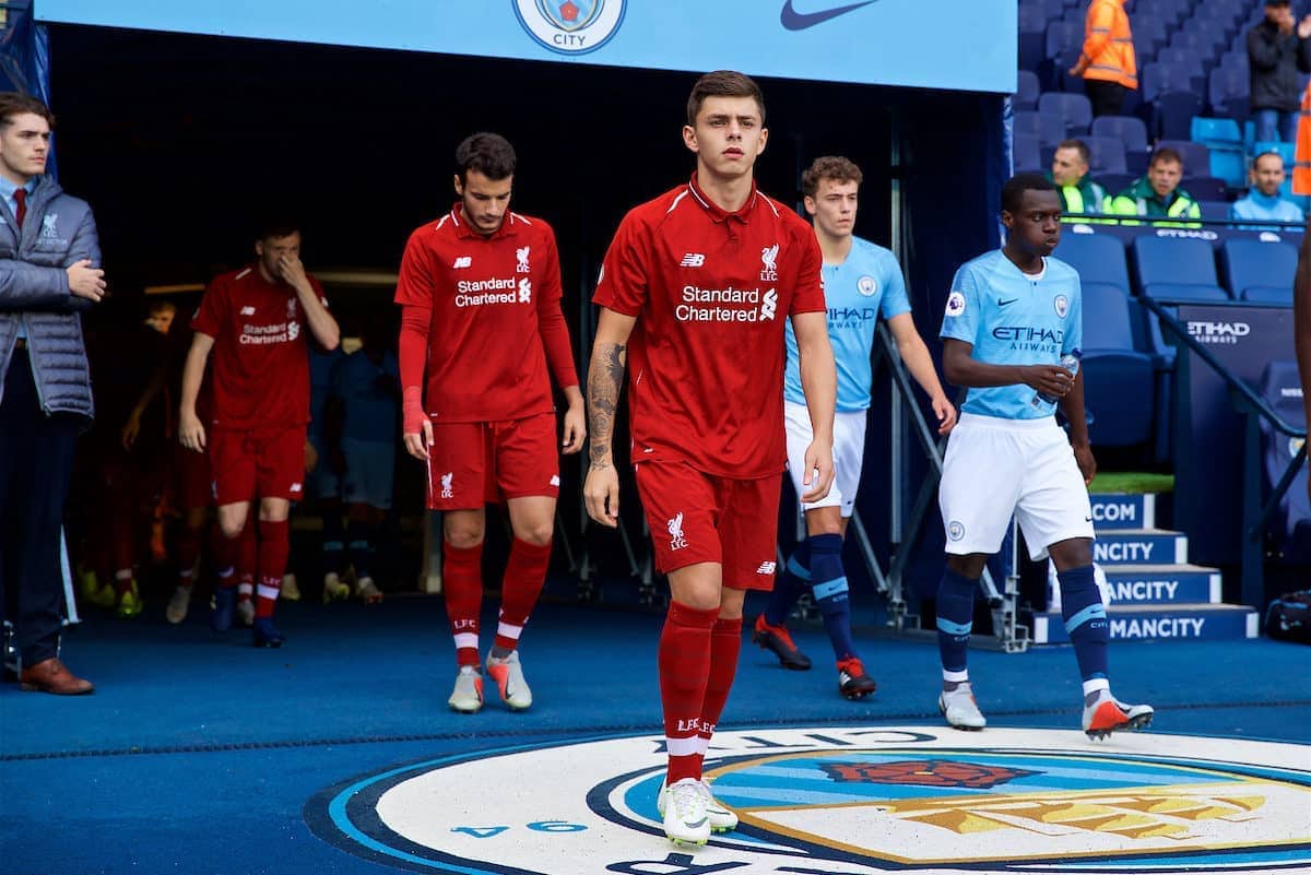 MANCHESTER, ENGLAND - Friday, August 24, 2018: Liverpool's Adam Lewis walks out before the Under-23 FA Premier League 2 Division 1 match between Manchester City FC and Liverpool FC at the City of Manchester Stadium. (Pic by David Rawcliffe/Propaganda)