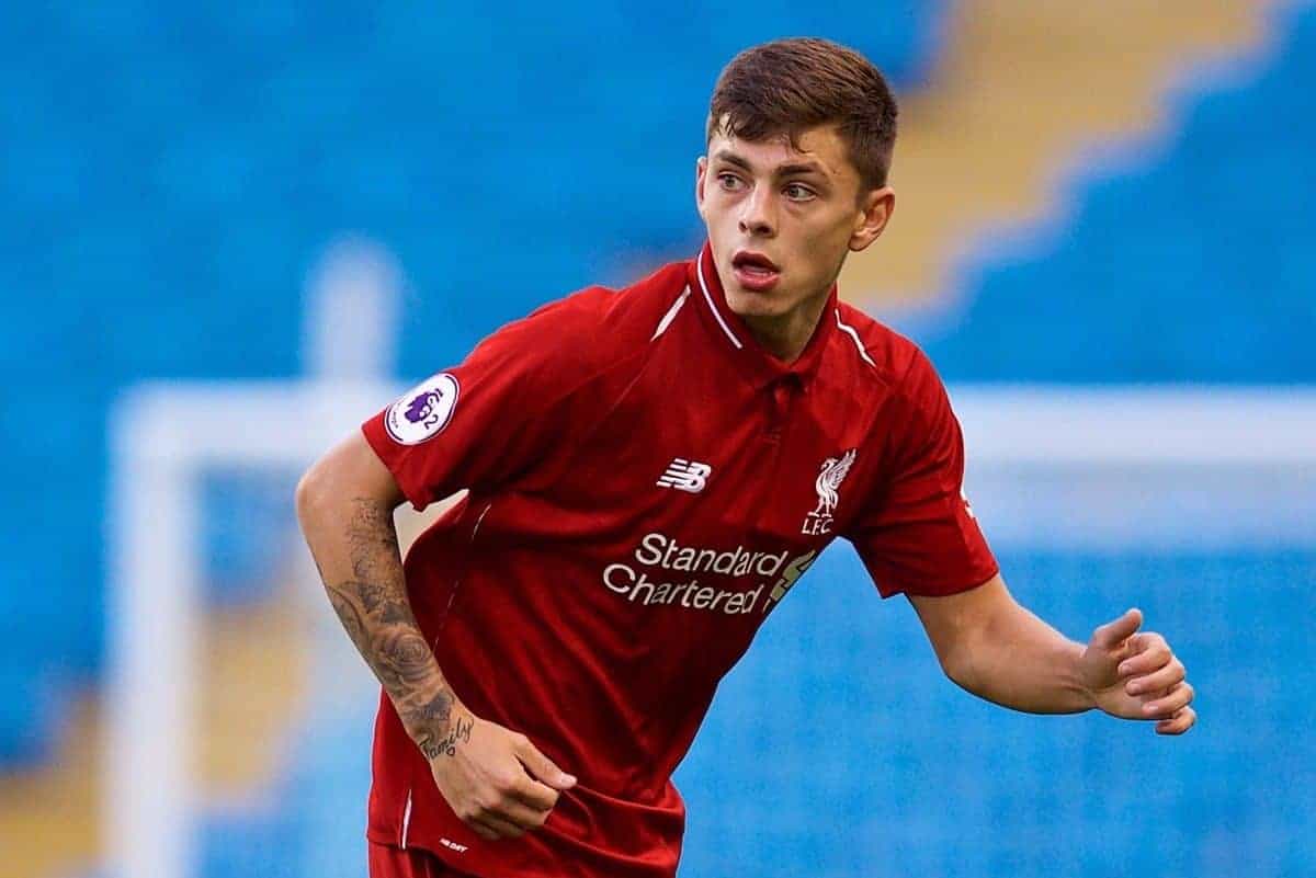 MANCHESTER, ENGLAND - Friday, August 24, 2018: Liverpool's Adam Lewis during the Under-23 FA Premier League 2 Division 1 match between Manchester City FC and Liverpool FC at the City of Manchester Stadium. (Pic by David Rawcliffe/Propaganda)