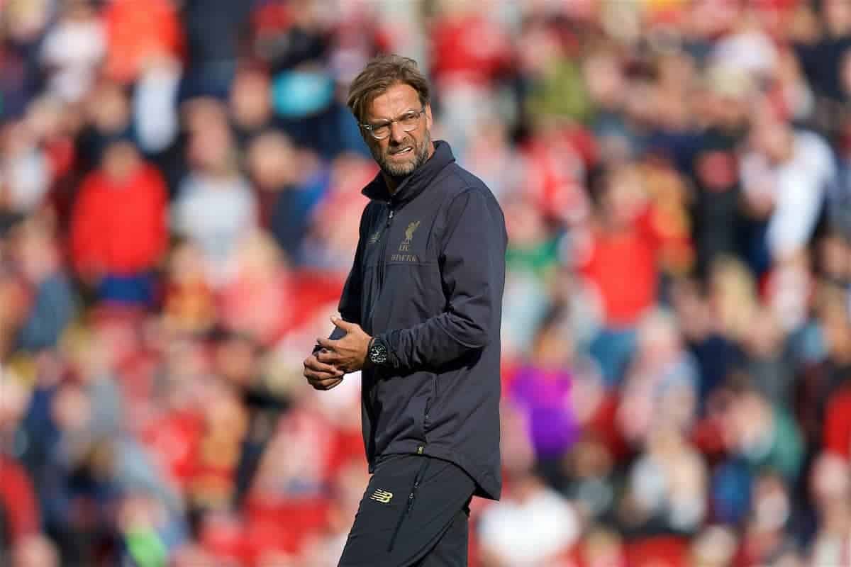 LIVERPOOL, ENGLAND - Saturday, August 25, 2018: Liverpool's manager J¸rgen Klopp during the pre-match warm-up before the FA Premier League match between Liverpool FC and Brighton & Hove Albion FC at Anfield. (Pic by David Rawcliffe/Propaganda)