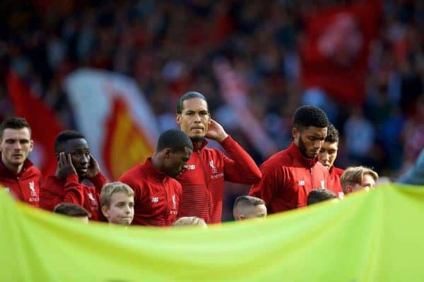 LIVERPOOL, ENGLAND - Saturday, August 25, 2018: Liverpool's Virgil van Dijk lines-up before the FA Premier League match between Liverpool FC and Brighton & Hove Albion FC at Anfield. (Pic by David Rawcliffe/Propaganda)