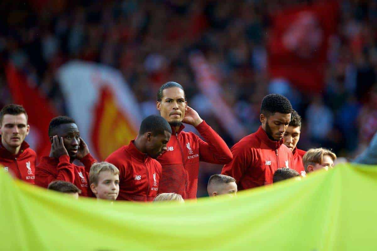 LIVERPOOL, ENGLAND - Saturday, August 25, 2018: Liverpool's Virgil van Dijk lines-up before the FA Premier League match between Liverpool FC and Brighton & Hove Albion FC at Anfield. (Pic by David Rawcliffe/Propaganda)