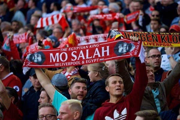 LIVERPOOL, ENGLAND - Saturday, August 25, 2018: Two Liverpool supporters hold up a Mohamed Salah scarf as they sing "You'll Never Walk Alone" during the FA Premier League match between Liverpool FC and Brighton & Hove Albion FC at Anfield. (Pic by David Rawcliffe/Propaganda)