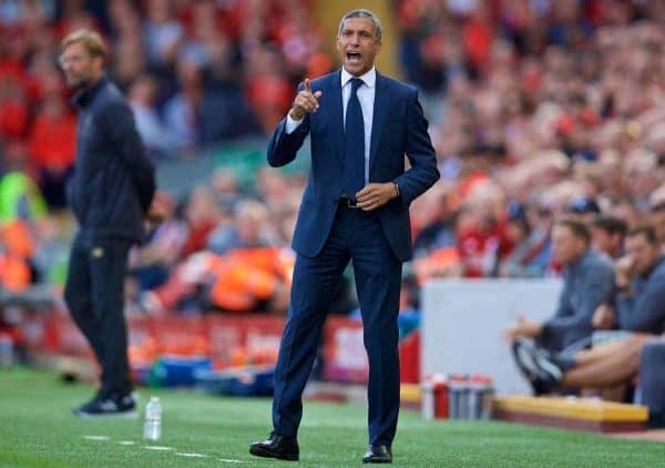 LIVERPOOL, ENGLAND - Saturday, August 25, 2018: Brighton & Hove Albion's manager Chris Hughton during the FA Premier League match between Liverpool FC and Brighton & Hove Albion FC at Anfield. (Pic by David Rawcliffe/Propaganda)