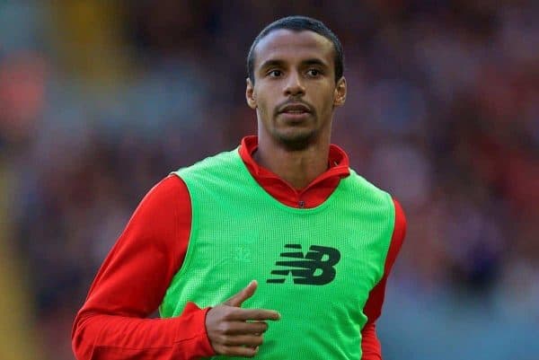 LIVERPOOL, ENGLAND - Saturday, August 25, 2018: Liverpool's substitute Joel Matip warms-up during the FA Premier League match between Liverpool FC and Brighton & Hove Albion FC at Anfield. (Pic by David Rawcliffe/Propaganda)