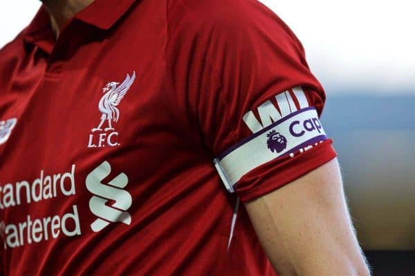 LIVERPOOL, ENGLAND - Saturday, August 25, 2018: Liverpool's James Milner wearing the captain's armband during the FA Premier League match between Liverpool FC and Brighton & Hove Albion FC at Anfield. (Pic by David Rawcliffe/Propaganda)