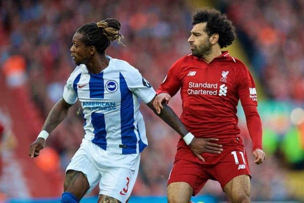 LIVERPOOL, ENGLAND - Saturday, August 25, 2018: Liverpool's Mohamed Salah (right) and Brighton & Hove Albion's Gaëtan Bong during the FA Premier League match between Liverpool FC and Brighton & Hove Albion FC at Anfield. (Pic by David Rawcliffe/Propaganda)