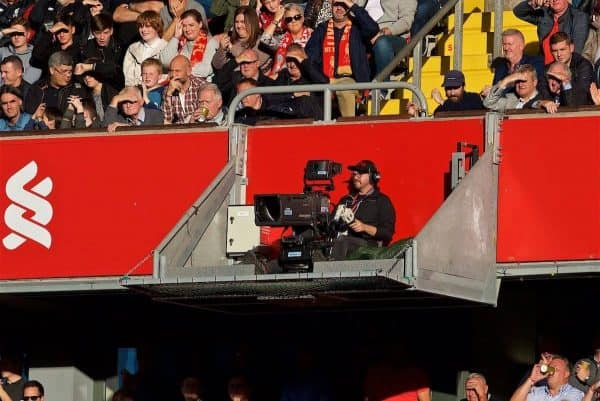 LIVERPOOL, ENGLAND - Saturday, August 25, 2018: A television camera operator working from a suspended gantry during the FA Premier League match between Liverpool FC and Brighton & Hove Albion FC at Anfield. (Pic by David Rawcliffe/Propaganda)