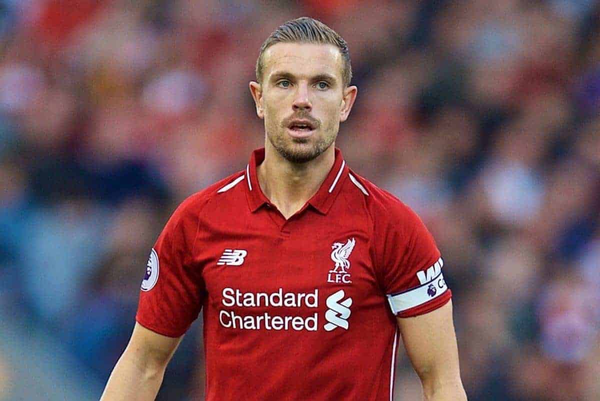 LIVERPOOL, ENGLAND - Saturday, August 25, 2018: Liverpool's captain Jordan Henderson during the FA Premier League match between Liverpool FC and Brighton & Hove Albion FC at Anfield. (Pic by David Rawcliffe/Propaganda)