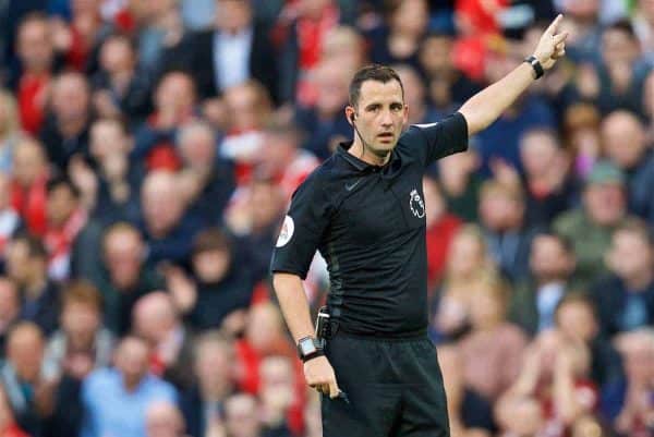 LIVERPOOL, ENGLAND - Saturday, August 25, 2018: Referee Chris Kavanagh during the FA Premier League match between Liverpool FC and Brighton & Hove Albion FC at Anfield. (Pic by David Rawcliffe/Propaganda)