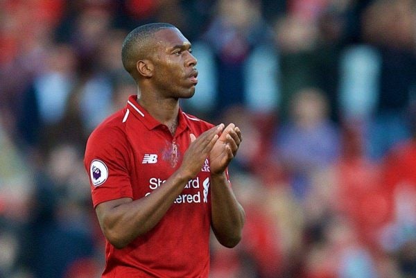 LIVERPOOL, ENGLAND - Saturday, August 25, 2018: Liverpool's Daniel Sturridge applauds the supporters after the 1-0 victory during the FA Premier League match between Liverpool FC and Brighton & Hove Albion FC at Anfield. (Pic by David Rawcliffe/Propaganda)