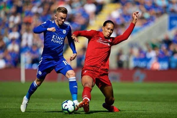 LEICESTER, ENGLAND - Saturday, September 1, 2018: Leicester City's James Maddison (left) and Liverpool's Virgil van Dijk during the FA Premier League match between Leicester City and Liverpool at the King Power Stadium. (Pic by David Rawcliffe/Propaganda)