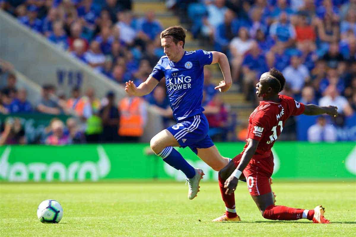 LEICESTER, ENGLAND - Saturday, September 1, 2018: Leicester City's Ben Chilwell and Liverpool's Sadio Mane during the FA Premier League match between Leicester City and Liverpool at the King Power Stadium. (Pic by David Rawcliffe/Propaganda)