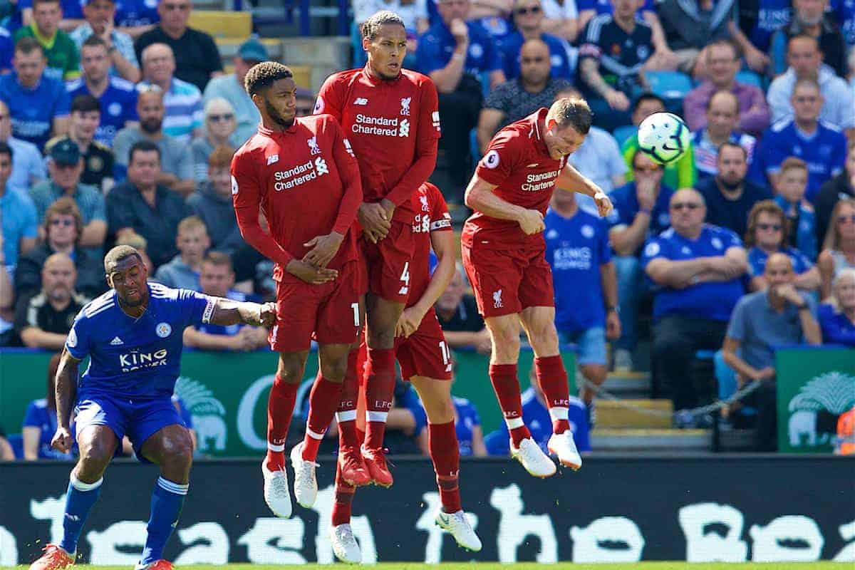 LEICESTER, ENGLAND - Saturday, September 1, 2018: Liverpool's Joe Gomez, Virgil van Dijk and James Milner defend a free-kick during the FA Premier League match between Leicester City and Liverpool at the King Power Stadium. (Pic by David Rawcliffe/Propaganda)