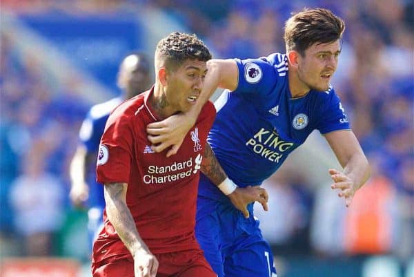 LEICESTER, ENGLAND - Saturday, September 1, 2018: Liverpool's Roberto Firmino and Leicester City's Harry Maguire during the FA Premier League match between Leicester City and Liverpool at the King Power Stadium. (Pic by David Rawcliffe/Propaganda)