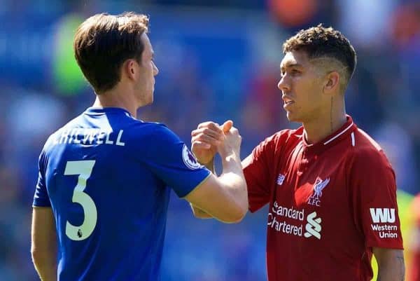 LEICESTER, ENGLAND - Saturday, September 1, 2018: Liverpool's Roberto Firmino and Leicester City's Ben Chilwell after the FA Premier League match between Leicester City and Liverpool at the King Power Stadium. (Pic by David Rawcliffe/Propaganda)