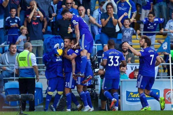 CARDIFF, WALES - Sunday, September 2, 2018: Cardiff City's Víctor Camarasa celebrates scoring the first goal during the FA Premier League match between Cardiff City FC and Arsenal FC at the Cardiff City Stadium. (Pic by David Rawcliffe/Propaganda)