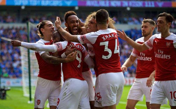 CARDIFF, WALES - Sunday, September 2, 2018: Arsenal's Pierre-Emerick Aubameyang celebrates scoring the second goal with team-mates during the FA Premier League match between Cardiff City FC and Arsenal FC at the Cardiff City Stadium. (Pic by David Rawcliffe/Propaganda)