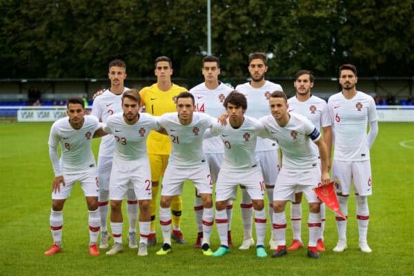 BANGOR, WALES - Tuesday, September 11, 2018: Portugal players line-up for a team group photograph before the UEFA Under-21 Championship Italy 2019 Qualifying Group B match between Wales and Portugal at the Nantporth Stadium. Back row L-R: Fernando, goalkeeper Joel Pereira, Diogo Leite, Jorge Fernandes, Yuri Ribeiro, Pedro Rodrigues. Front row L-R: João Carvalho, André Horta, Pereira Lage, João Félix, captain Diogo Jota. (Pic by David Rawcliffe/Propaganda)