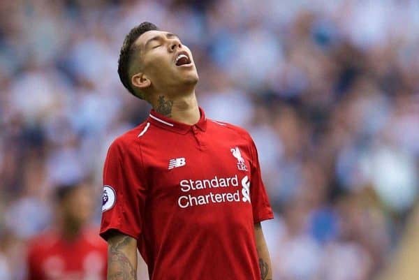 LONDON, ENGLAND - Saturday, September 15, 2018: Liverpool's Roberto Firmino looks dejected after missing a chance during the FA Premier League match between Tottenham Hotspur FC and Liverpool FC at Wembley Stadium. (Pic by David Rawcliffe/Propaganda)