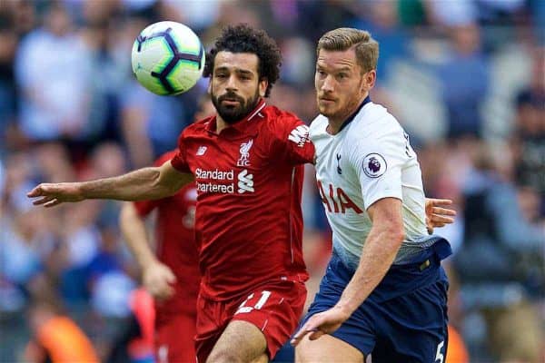 LONDON, ENGLAND - Saturday, September 15, 2018: Liverpool's Mohamed Salah (left) and Tottenham Hotspur's Jan Vertonghen during the FA Premier League match between Tottenham Hotspur FC and Liverpool FC at Wembley Stadium. (Pic by David Rawcliffe/Propaganda)