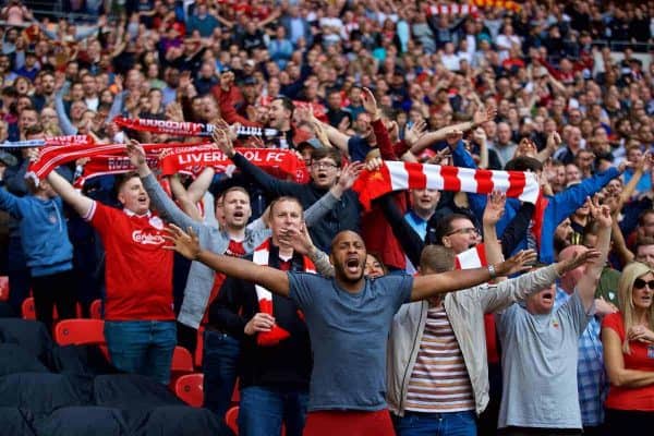 LONDON, ENGLAND - Saturday, September 15, 2018: Liverpool supporters celebrate the victory after the FA Premier League match between Tottenham Hotspur FC and Liverpool FC at Wembley Stadium. Liverpool won 2-1. (Pic by David Rawcliffe/Propaganda)