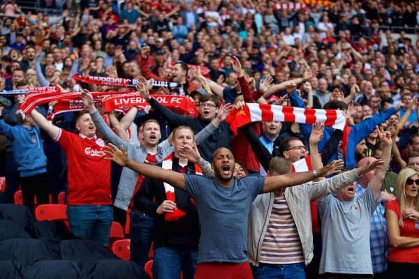 LONDON, ENGLAND - Saturday, September 15, 2018: Liverpool supporters celebrate the victory after the FA Premier League match between Tottenham Hotspur FC and Liverpool FC at Wembley Stadium. Liverpool won 2-1. (Pic by David Rawcliffe/Propaganda)