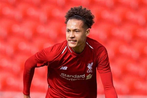 LIVERPOOL, ENGLAND - Tuesday, September 18, 2018: Liverpool's Rhys Williams celebrates scoring the first goal during the UEFA Youth League Group C match between Liverpool FC and Paris Saint-Germain at Langtree Park. (Pic by David Rawcliffe/Propaganda)