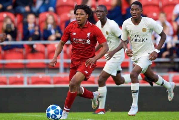 LIVERPOOL, ENGLAND - Tuesday, September 18, 2018: Liverpool's substitute Yasser Larouci during the UEFA Youth League Group C match between Liverpool FC and Paris Saint-Germain at Langtree Park. (Pic by David Rawcliffe/Propaganda)