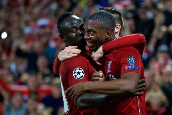 LIVERPOOL, ENGLAND - Tuesday, September 18, 2018: Liverpool's Daniel Sturridge celebrates scoring the first goal with team-mate Sadio Mane (L) during the UEFA Champions League Group C match between Liverpool FC and Paris Saint-Germain at Anfield. (Pic by David Rawcliffe/Propaganda)