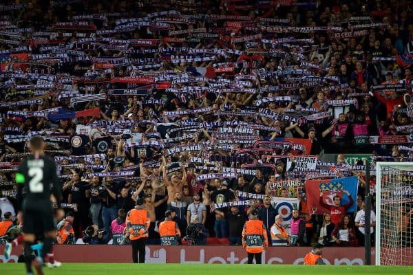 LIVERPOOL, ENGLAND - Tuesday, September 18, 2018: Paris Saint-Germain supporters during the UEFA Champions League Group C match between Liverpool FC and Paris Saint-Germain at Anfield. (Pic by David Rawcliffe/Propaganda)