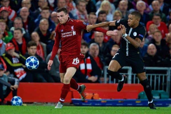 LIVERPOOL, ENGLAND - Tuesday, September 18, 2018: Liverpool's Andy Robertson (L) and Paris Saint-Germain's Kylian MbappÈ (R) during the UEFA Champions League Group C match between Liverpool FC and Paris Saint-Germain at Anfield. (Pic by David Rawcliffe/Propaganda)