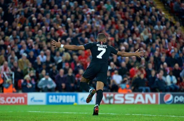 LIVERPOOL, ENGLAND - Tuesday, September 18, 2018: Paris Saint-Germain's Kylian Mbappé celebrates scoring the second goal to equalise the score at 2-2 during the UEFA Champions League Group C match between Liverpool FC and Paris Saint-Germain at Anfield. (Pic by David Rawcliffe/Propaganda)