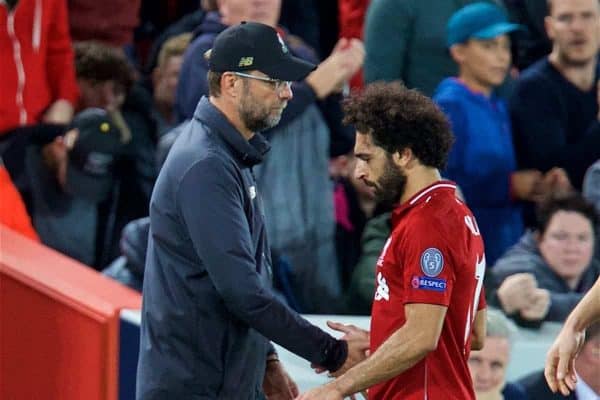 LIVERPOOL, ENGLAND - Tuesday, September 18, 2018: Liverpool's Mohamed Salah is substituted by manager J¸rgen Klopp during the UEFA Champions League Group C match between Liverpool FC and Paris Saint-Germain at Anfield. (Pic by David Rawcliffe/Propaganda)