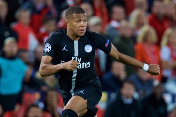 LIVERPOOL, ENGLAND - Tuesday, September 18, 2018: Paris Saint-Germain's Kylian Mbappé during the UEFA Champions League Group C match between Liverpool FC and Paris Saint-Germain at Anfield. (Pic by David Rawcliffe/Propaganda)