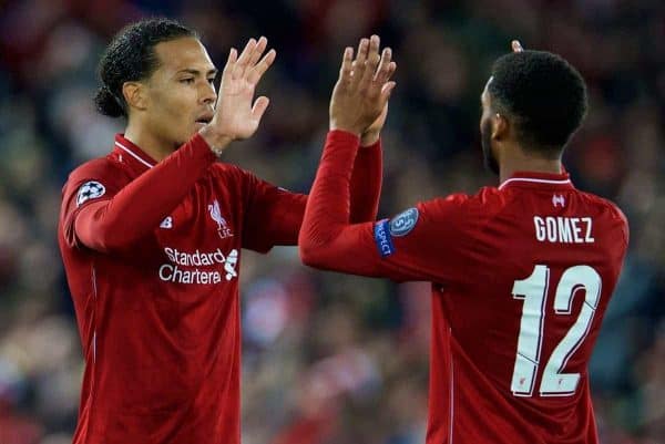 LIVERPOOL, ENGLAND - Tuesday, September 18, 2018: Liverpool's Virgil van Dijk and Joe Gomez after the UEFA Champions League Group C match between Liverpool FC and Paris Saint-Germain at Anfield. (Pic by David Rawcliffe/Propaganda)