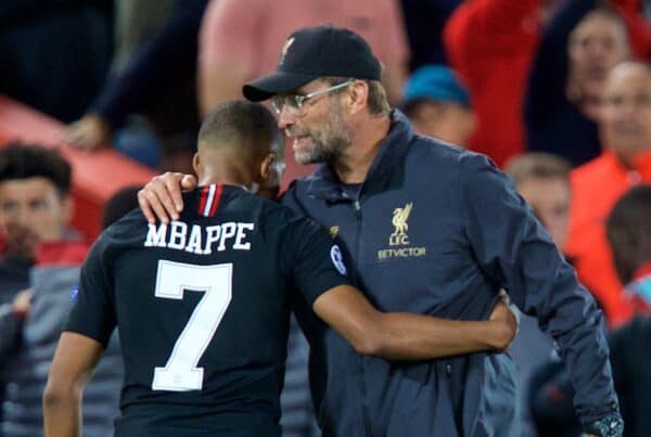 LIVERPOOL, ENGLAND - Tuesday, September 18, 2018: Liverpool's manager Jürgen Klopp and Paris Saint-Germain's Kylian Mbappé after during the UEFA Champions League Group C match between Liverpool FC and Paris Saint-Germain at Anfield. (Pic by David Rawcliffe/Propaganda)