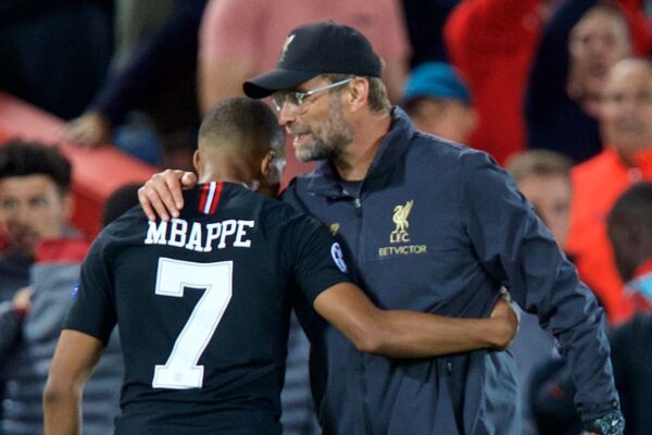 LIVERPOOL, ENGLAND - Tuesday, September 18, 2018: Liverpool's manager Jürgen Klopp and Paris Saint-Germain's Kylian Mbappé after during the UEFA Champions League Group C match between Liverpool FC and Paris Saint-Germain at Anfield. (Pic by David Rawcliffe/Propaganda)