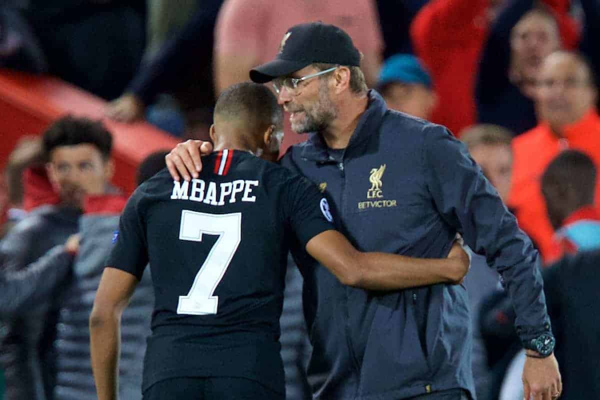 LIVERPOOL, ENGLAND - Tuesday, September 18, 2018: Liverpool's manager Jürgen Klopp and Paris Saint-Germain's Kylian Mbappé after during the UEFA Champions League Group C match between Liverpool FC and Paris Saint-Germain at Anfield. (Pic by David Rawcliffe/Propaganda)