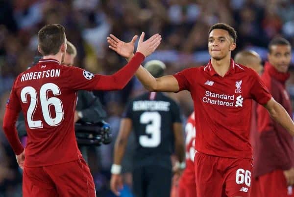 LIVERPOOL, ENGLAND - Tuesday, September 18, 2018: Liverpool's Trent Alexander-Arnold and Andy Robertson celebrate the victory after the UEFA Champions League Group C match between Liverpool FC and Paris Saint-Germain at Anfield. Liverpool won 3-2. (Pic by David Rawcliffe/Propaganda)