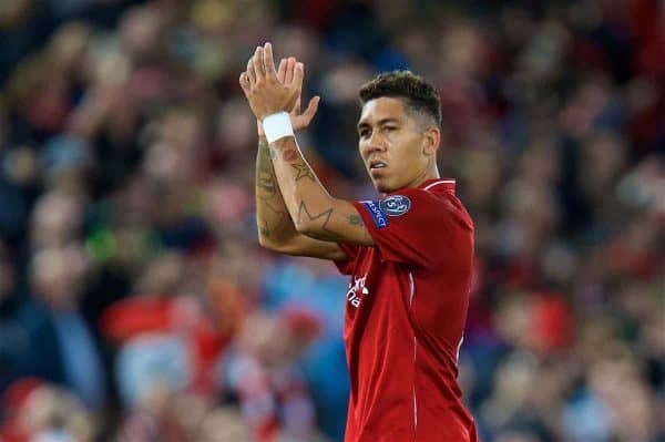 LIVERPOOL, ENGLAND - Tuesday, September 18, 2018: Liverpool's Roberto Firmino celebrates after the UEFA Champions League Group C match between Liverpool FC and Paris Saint-Germain at Anfield. Liverpool won 3-2. (Pic by David Rawcliffe/Propaganda)