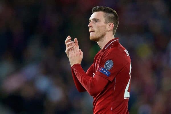 LIVERPOOL, ENGLAND - Tuesday, September 18, 2018: Liverpool's Andy Robertson during the UEFA Champions League Group C match between Liverpool FC and Paris Saint-Germain at Anfield. (Pic by David Rawcliffe/Propaganda)