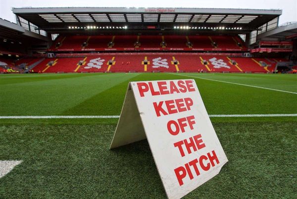 LIVERPOOL, ENGLAND - Saturday, September 22, 2018: A keep of the pitch sign at Anfield before the FA Premier League match between Liverpool FC and Southampton FC. (Pic by Jon Super/Propaganda)