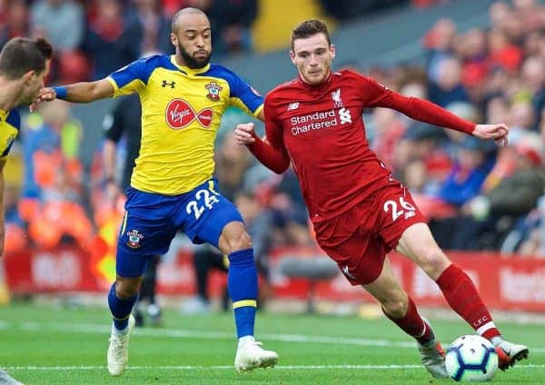 LIVERPOOL, ENGLAND - Saturday, September 22, 2018: Liverpool's Andy Robertson (right) and Southampton's Nathan Redmond (centre) during the FA Premier League match between Liverpool FC and Southampton FC at Anfield. (Pic by Jon Super/Propaganda)