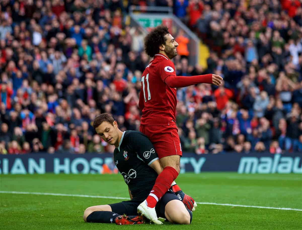 LIVERPOOL, ENGLAND - Saturday, September 22, 2018: Liverpool's Mohamed Salah and Southampton's goalkeeper Alex McCarthy during the FA Premier League match between Liverpool FC and Southampton FC at Anfield. (Pic by Jon Super/Propaganda)