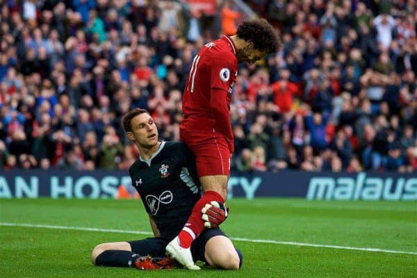 LIVERPOOL, ENGLAND - Saturday, September 22, 2018: Liverpool's Mohamed Salah and Southampton's goalkeeper Alex McCarthy during the FA Premier League match between Liverpool FC and Southampton FC at Anfield. (Pic by Jon Super/Propaganda)