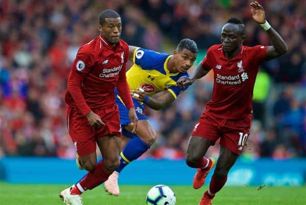 LIVERPOOL, ENGLAND - Saturday, September 22, 2018: Liverpool's Georginio Wijnaldum (left) and Sadio Mane during the FA Premier League match between Liverpool FC and Southampton FC at Anfield. (Pic by Jon Super/Propaganda)