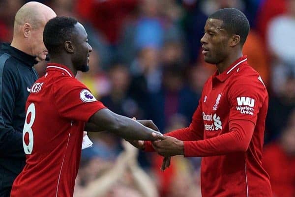 LIVERPOOL, ENGLAND - Saturday, September 22, 2018: Liverpool's substitute Naby Keita replaces Georginio Wijnaldum during the FA Premier League match between Liverpool FC and Southampton FC at Anfield. (Pic by Jon Super/Propaganda)