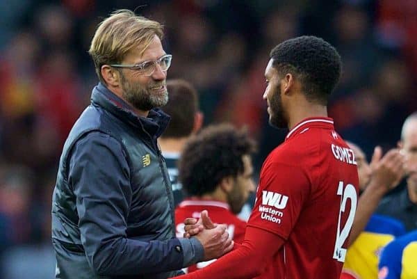 LIVERPOOL, ENGLAND - Saturday, September 22, 2018: Liverpool's manager Jürgen Klopp and Joe Gomez after the FA Premier League match between Liverpool FC and Southampton FC at Anfield. Liverpool won 3-0. (Pic by Jon Super/Propaganda)